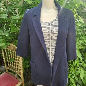 Zara Basic Navy Blue Textured Knit 3/4 Sleeve‎ Open Front Blazer Small